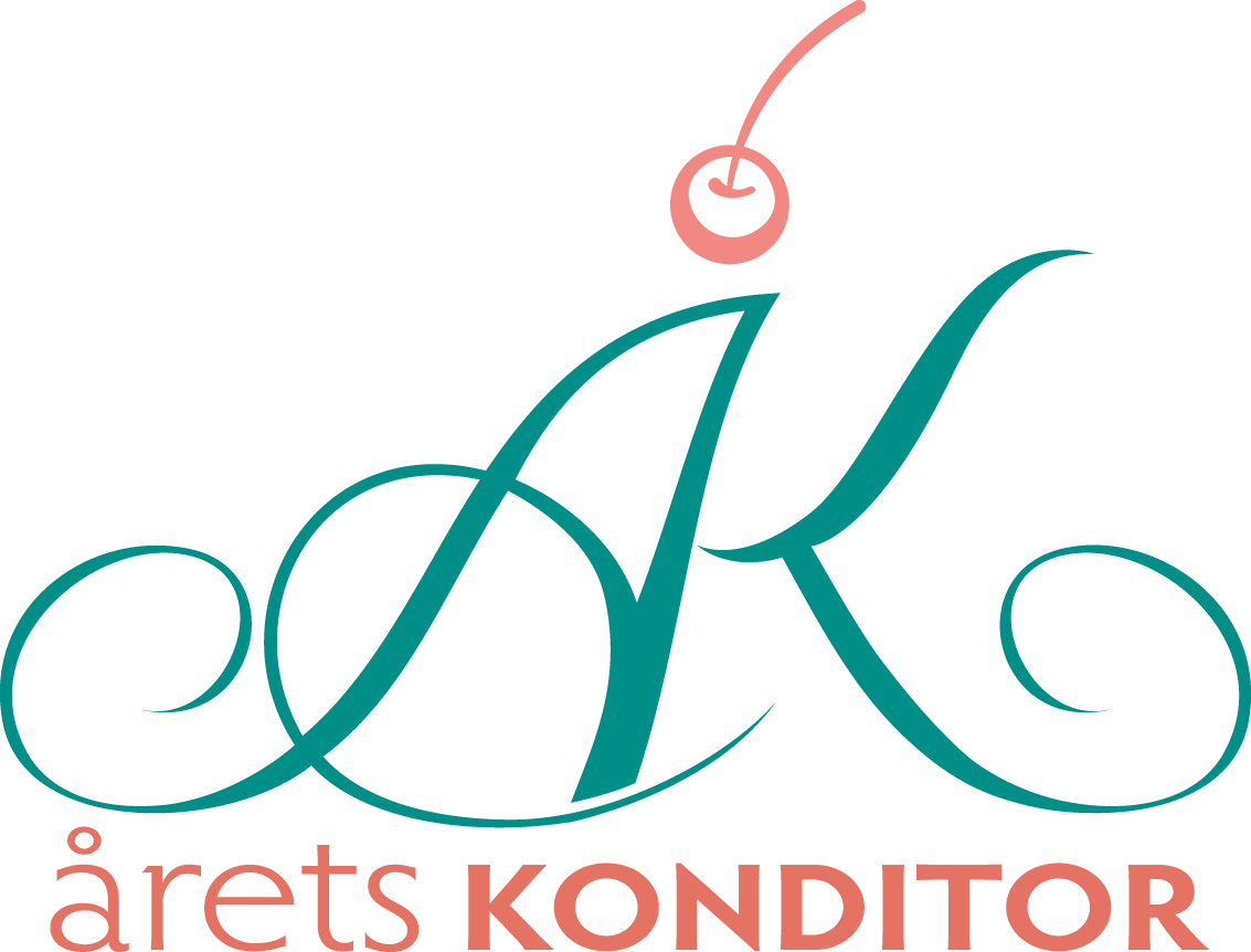 Logotyp för Årets Konditor med snirkliga bokstäver Å och K, dekorerad med ett rosa körsbär.