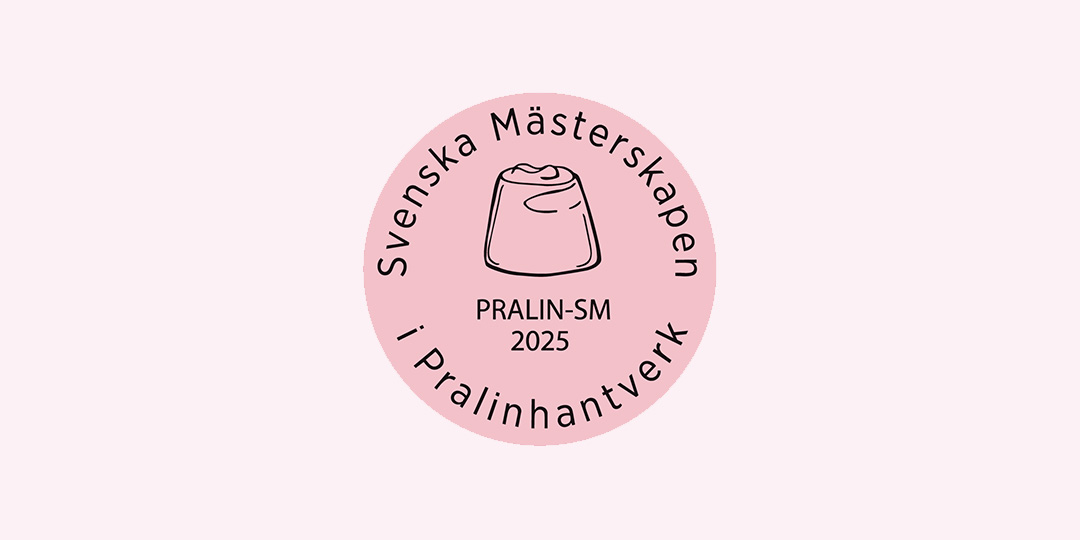 Rosa logotyp för Pralin-SM 2025 med text och illustration av pralin.