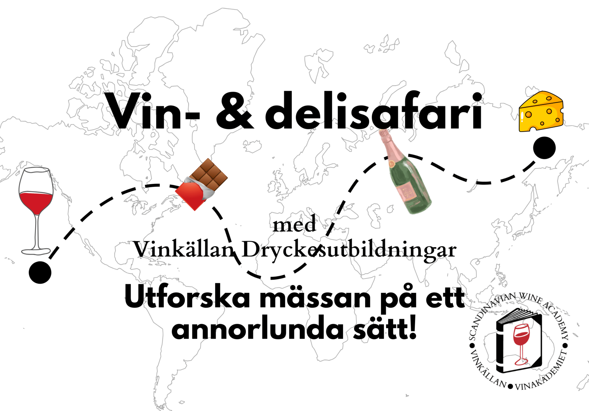 världskarta med snitslad bana med stopp för choklad, champagne och ost.