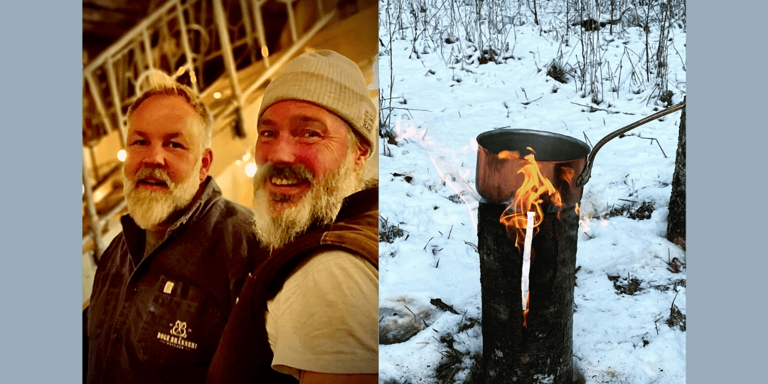 Två män med skägg samt en kastrull som hålls över en eld.